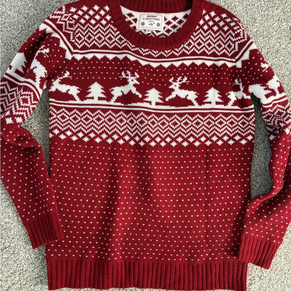Red Holiday Sweater with Reindeer Pattern